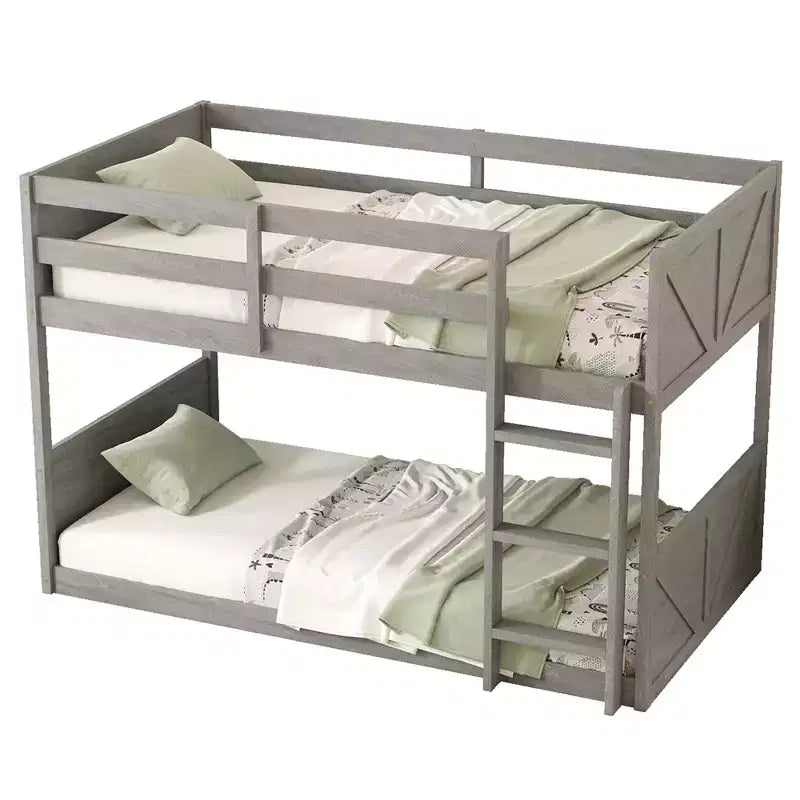 Lit superposé au sol deux places avec tête et pied de lit pour enfants et adolescents, cadre de lit superposé en bois massif avec échelle et garde-corps