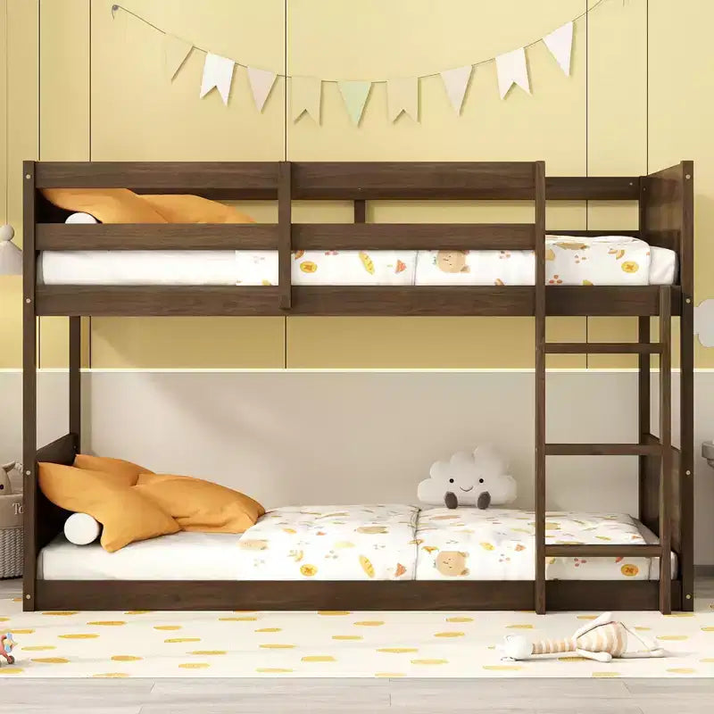 Lit superposé au sol deux places avec tête et pied de lit pour enfants et adolescents, cadre de lit superposé en bois massif avec échelle et garde-corps