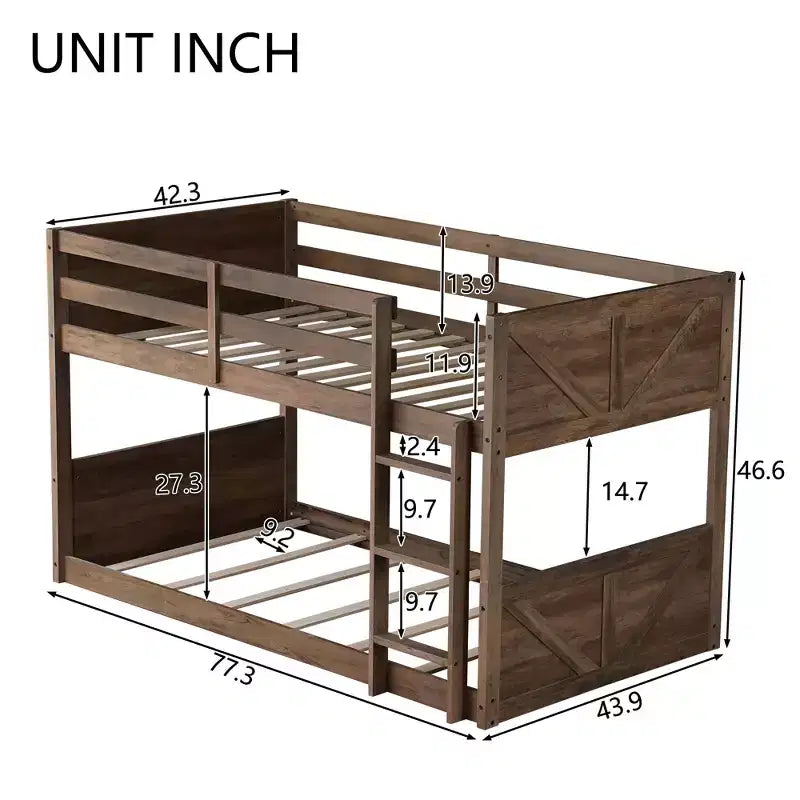 Lit superposé au sol deux places avec tête et pied de lit pour enfants et adolescents, cadre de lit superposé en bois massif avec échelle et garde-corps