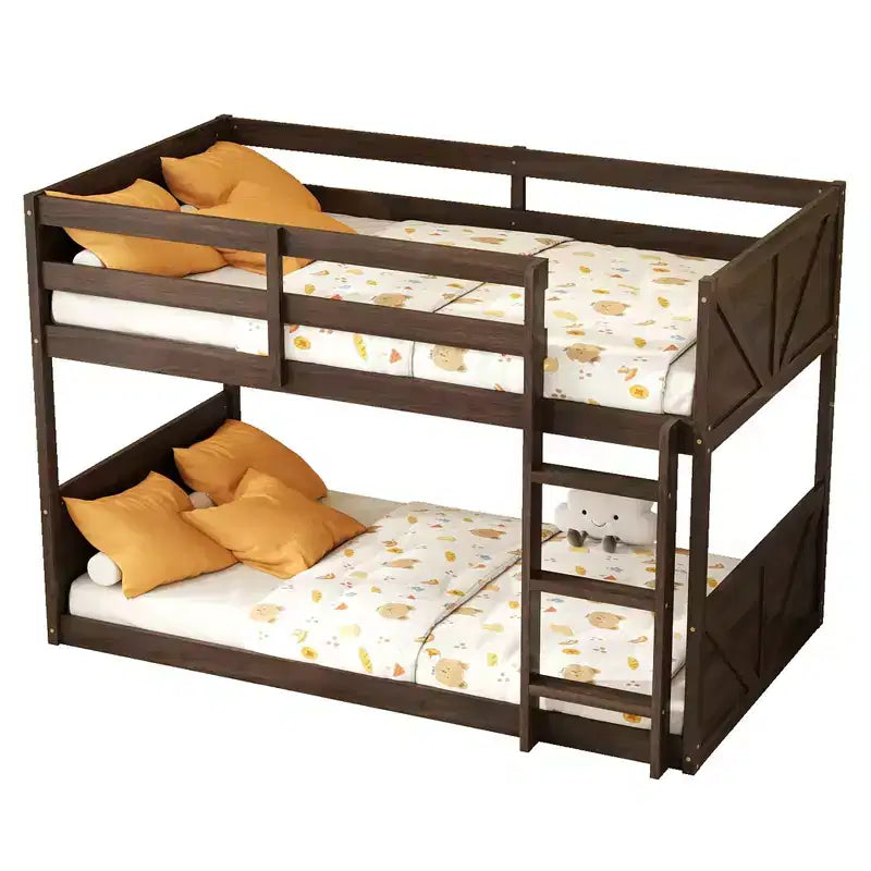 Lit superposé au sol deux places avec tête et pied de lit pour enfants et adolescents, cadre de lit superposé en bois massif avec échelle et garde-corps