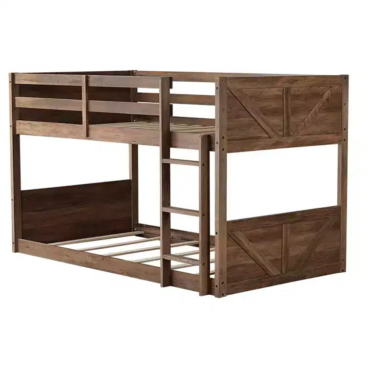 Lit superposé au sol deux places avec tête et pied de lit pour enfants et adolescents, cadre de lit superposé en bois massif avec échelle et garde-corps