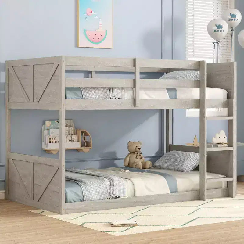 Lit superposé au sol deux places avec tête et pied de lit pour enfants et adolescents, cadre de lit superposé en bois massif avec échelle et garde-corps