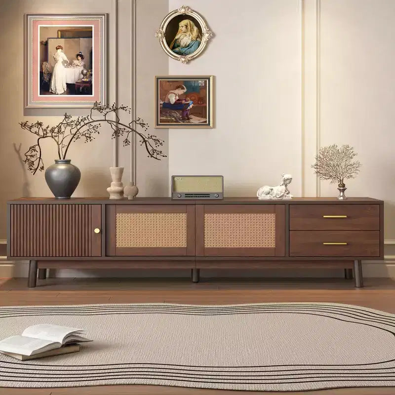 Meuble TV GDFStudio Leo Mid-Century Moderne pour TV 80", Rangement avec Portes Coulissantes et Tiroirs