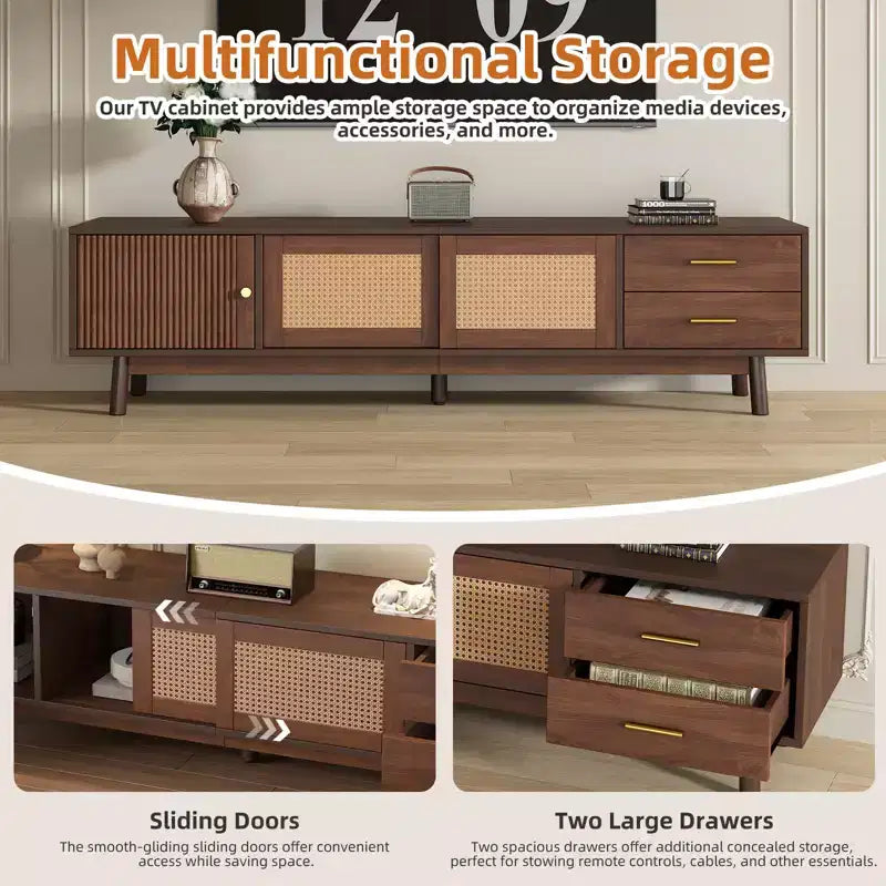 Meuble TV GDFStudio Leo Mid-Century Moderne pour TV 80", Rangement avec Portes Coulissantes et Tiroirs