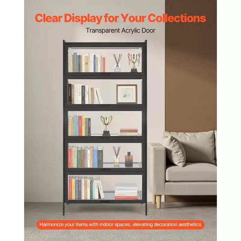 Vitrine VEVOR avec portes en acrylique, vitrine de 173 cm de haut à 5 niveaux, cadre en bois naturel, étagère de rangement pour objets de collection et jouets, noir