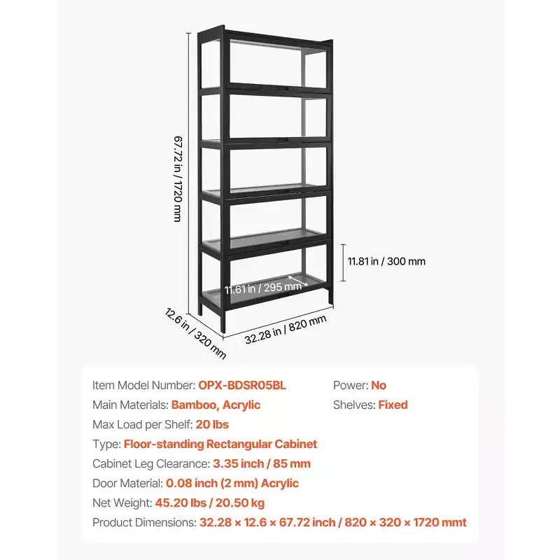 Vitrine VEVOR avec portes en acrylique, vitrine de 173 cm de haut à 5 niveaux, cadre en bois naturel, étagère de rangement pour objets de collection et jouets, noir