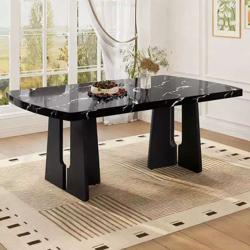 GDFStudio Hawkins 63 Table à manger moderne effet marbre avec pieds géométriques robustes