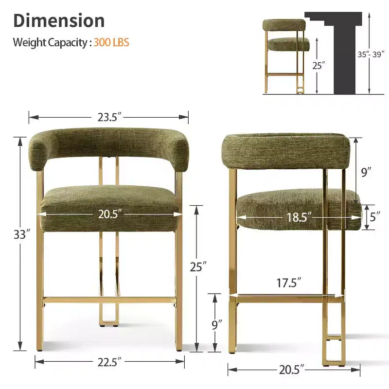 Lot de 3 tabourets de bar à hauteur de comptoir avec dossiers et accoudoirs, chaises modernes en chenille pour îlot de cuisine avec pieds en métal doré - Panipeachy