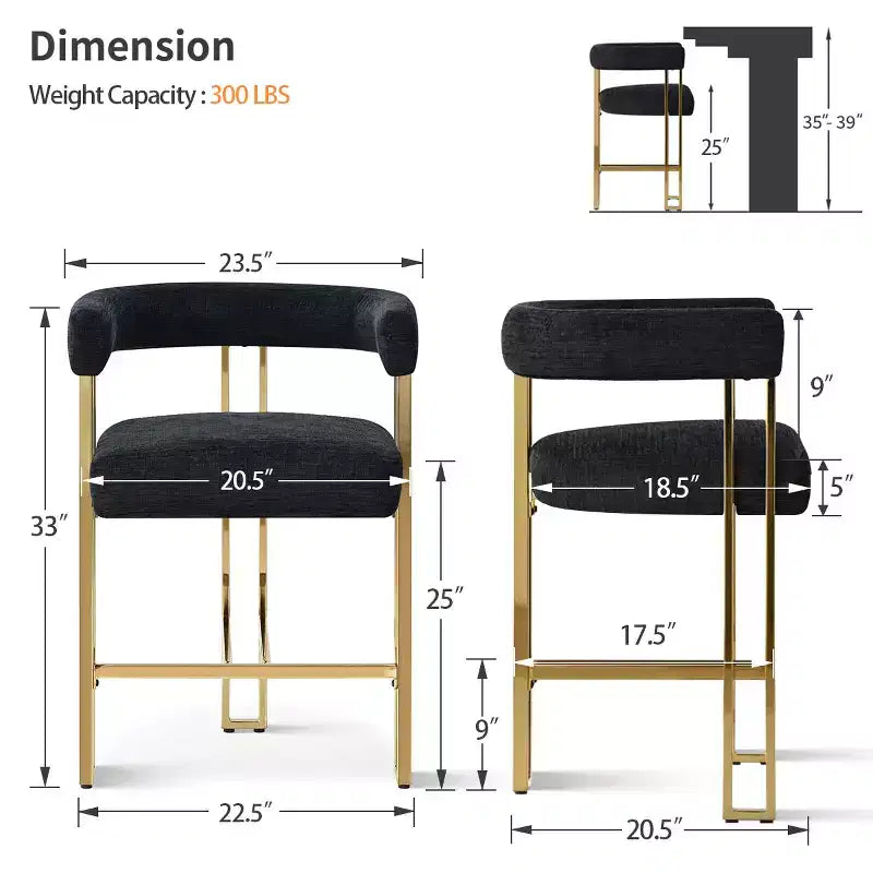 Lot de 3 tabourets de bar à hauteur de comptoir avec dossiers et accoudoirs, chaises modernes en chenille pour îlot de cuisine avec pieds en métal doré - Panipeachy