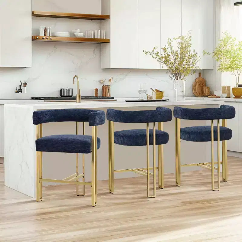 Lot de 3 tabourets de bar à hauteur de comptoir avec dossiers et accoudoirs, chaises modernes en chenille pour îlot de cuisine avec pieds en métal doré - Panipeachy