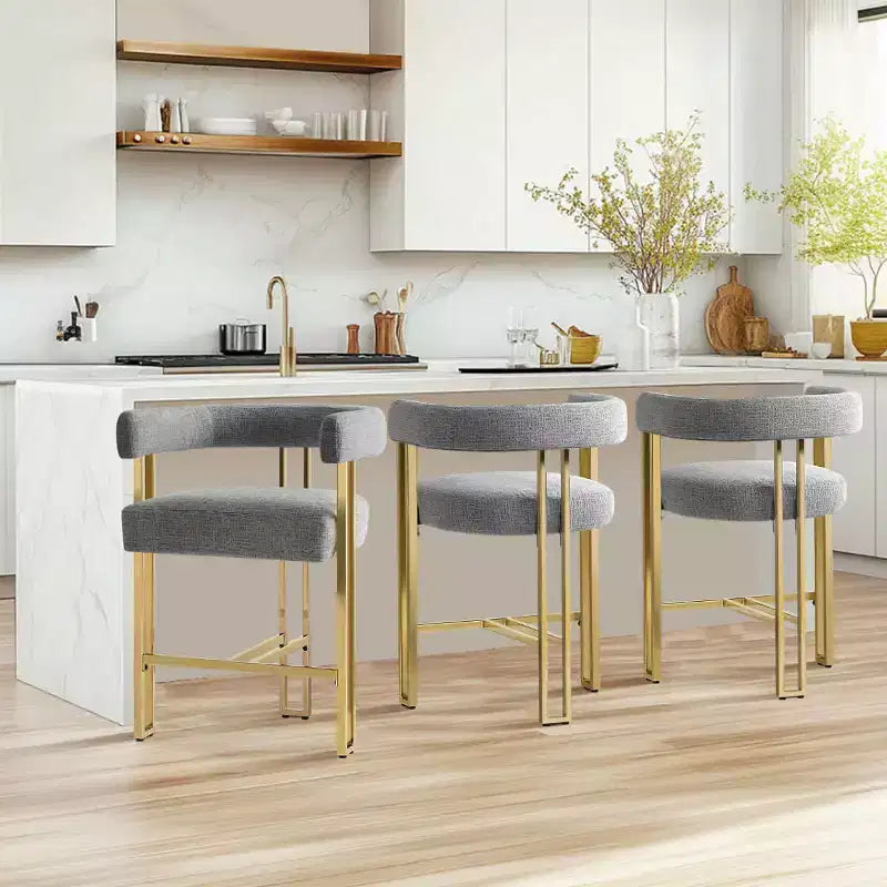 Lot de 3 tabourets de bar à hauteur de comptoir avec dossiers et accoudoirs, chaises modernes en chenille pour îlot de cuisine avec pieds en métal doré - Panipeachy