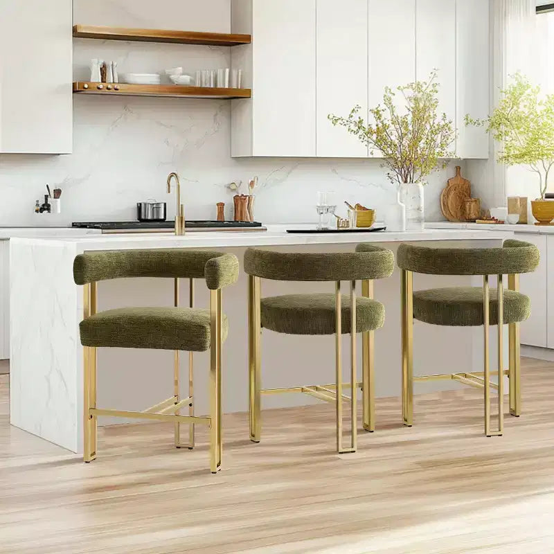 Lot de 3 tabourets de bar à hauteur de comptoir avec dossiers et accoudoirs, chaises modernes en chenille pour îlot de cuisine avec pieds en métal doré - Panipeachy
