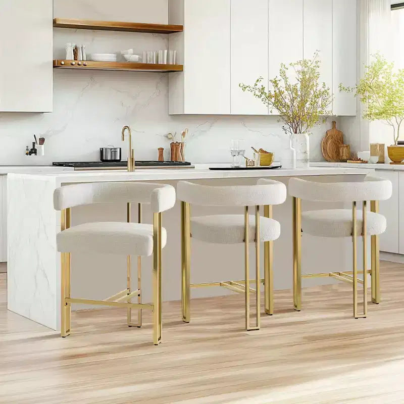 Lot de 3 tabourets de bar à hauteur de comptoir avec dossiers et accoudoirs, chaises modernes en chenille pour îlot de cuisine avec pieds en métal doré - Panipeachy