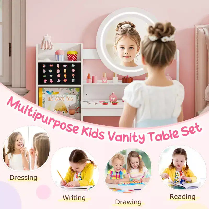 Costway Coiffeuse pour enfants avec miroir LED lumineux, table de toilette princesse avec chaise, blanc