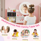 Costway Coiffeuse pour enfants avec miroir LED lumineux, table de toilette princesse avec chaise, blanc