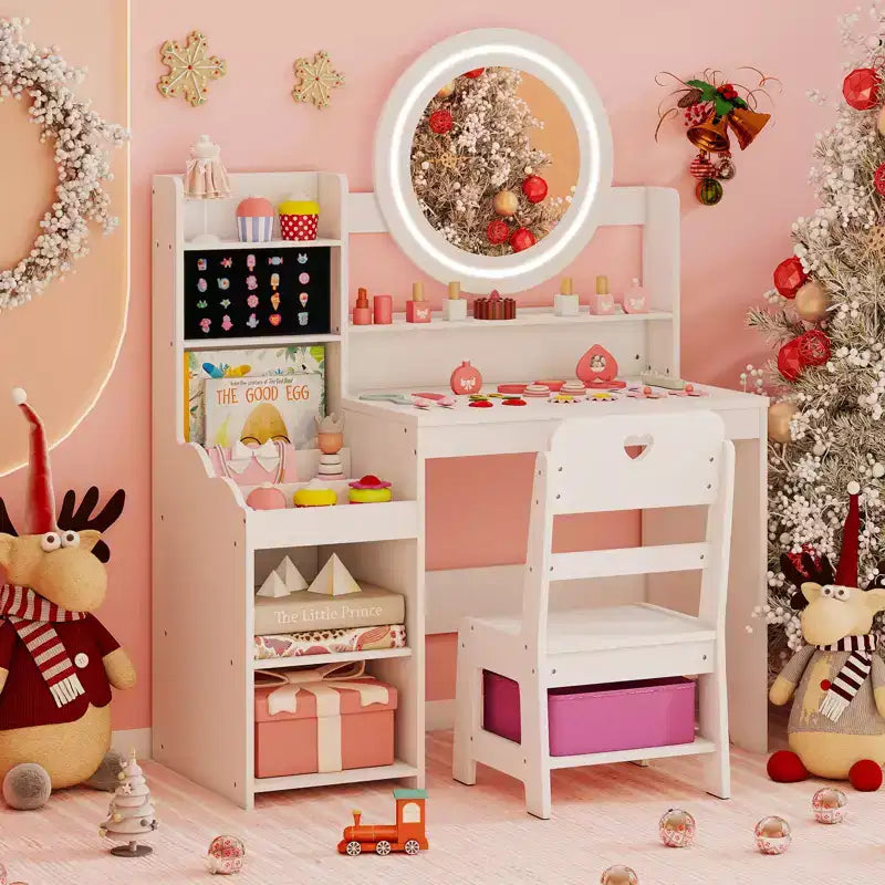 Costway Coiffeuse pour enfants avec miroir LED lumineux, table de toilette princesse avec chaise, blanc