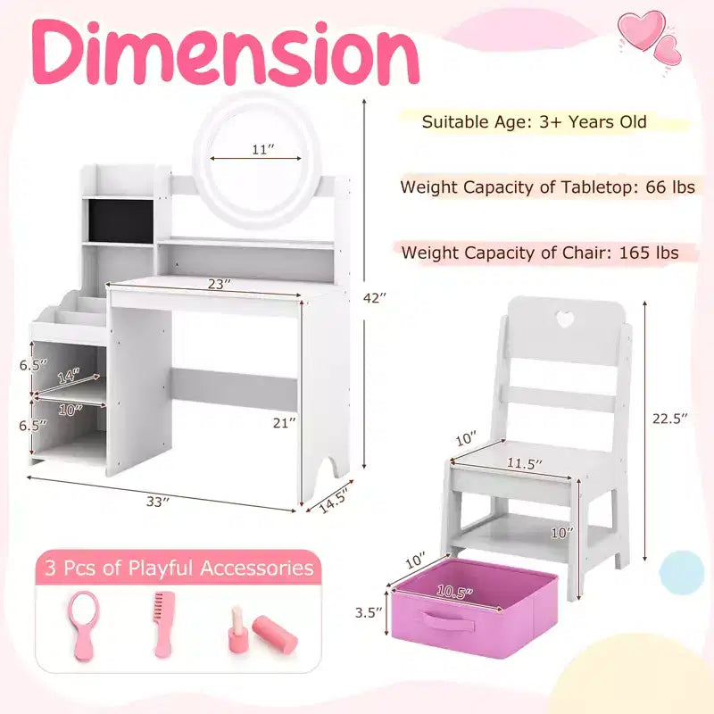 Costway Coiffeuse pour enfants avec miroir LED lumineux, table de toilette princesse avec chaise, blanc