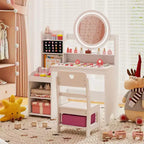 Costway Coiffeuse pour enfants avec miroir LED lumineux, table de toilette princesse avec chaise, blanc