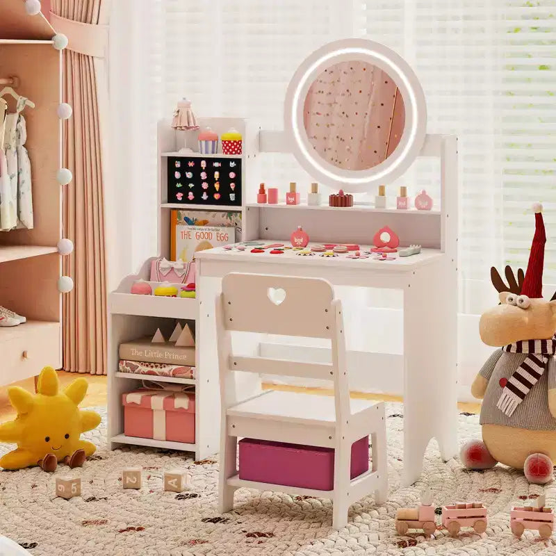 Costway Coiffeuse pour enfants avec miroir LED lumineux, table de toilette princesse avec chaise, blanc