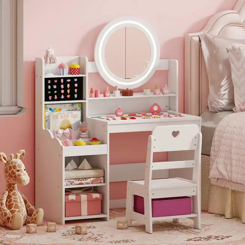 Costway Coiffeuse pour enfants avec miroir LED lumineux, table de toilette princesse avec chaise, blanc