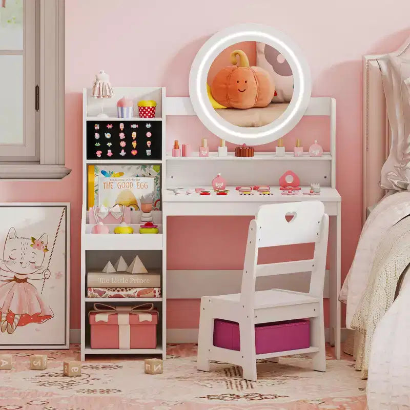 Costway Coiffeuse pour enfants avec miroir LED lumineux, table de toilette princesse avec chaise, blanc