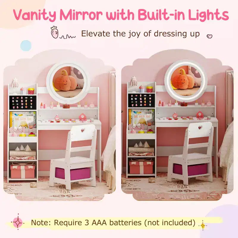 Costway Coiffeuse pour enfants avec miroir LED lumineux, table de toilette princesse avec chaise, blanc