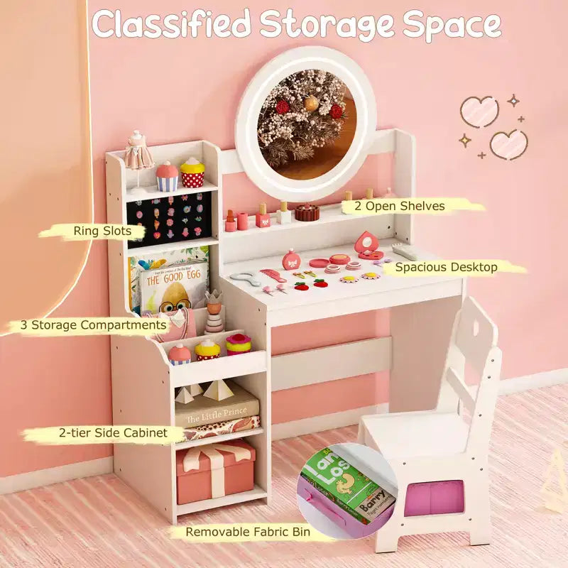 Costway Coiffeuse pour enfants avec miroir LED lumineux, table de toilette princesse avec chaise, blanc