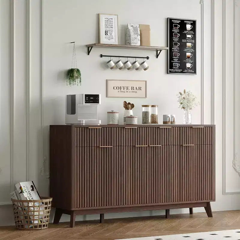 Buffet de salle à manger style ferme 60" avec tiroirs de rangement et étagères réglables, buffet en bois cannelé et bar à café pour bureau à domicile