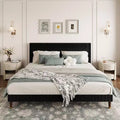 King Size Platform Bed Frame, Modern Twin Bed Frame with Upholstered Headboard and Strong Metal Slats Support, Easy Assembly