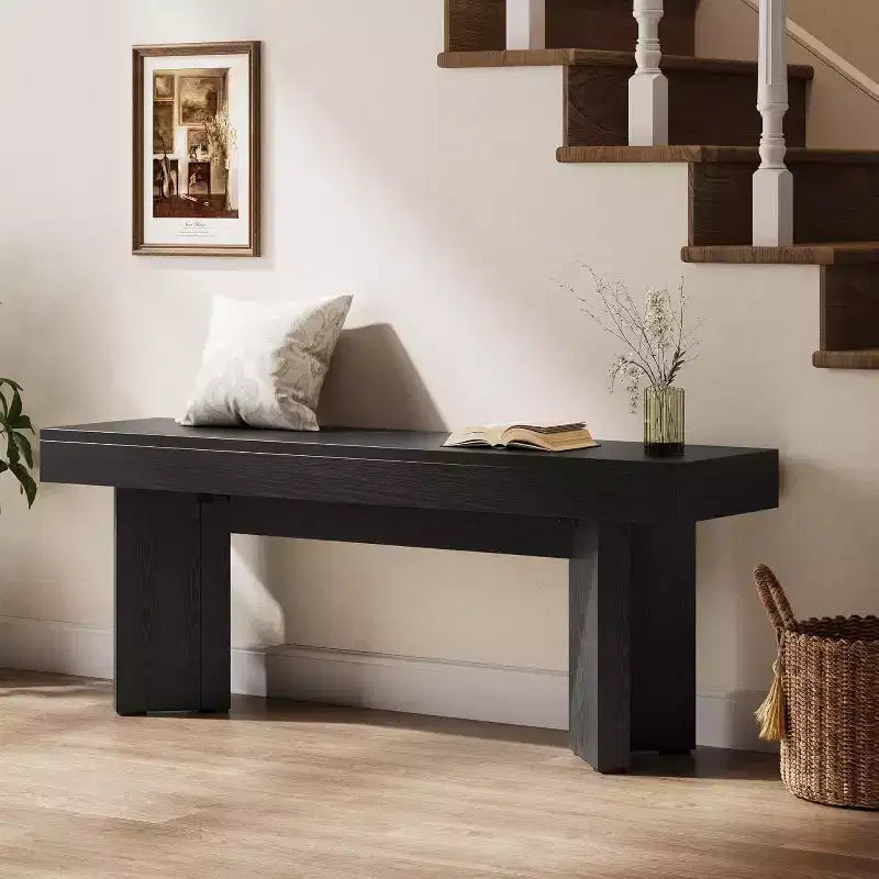 Banc d'entrée en bois Lantine 47, banc de bout de lit de ferme d'intérieur, bancs de table longs pour chambre à coucher, couloir, hall d'entrée, bout de lit (noir)
