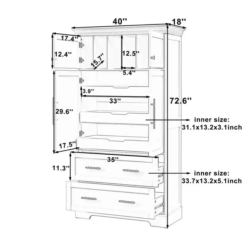Whisen 72,6'' H Meuble de cuisine autoportant, Buffets, Grand placard de rangement avec 4 portes