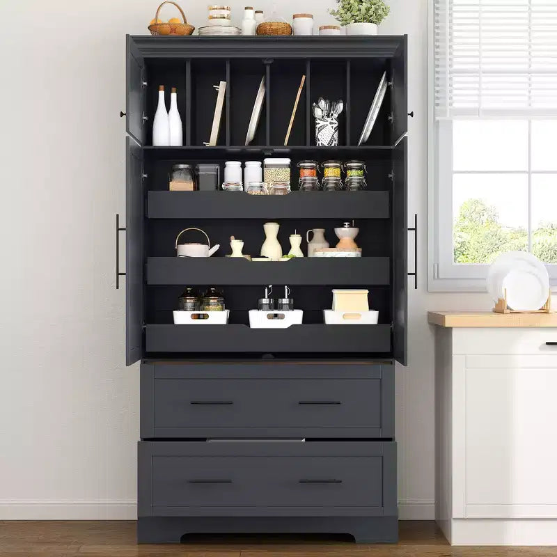 Whisen 72,6'' H Meuble de cuisine autoportant, Buffets, Grand placard de rangement avec 4 portes