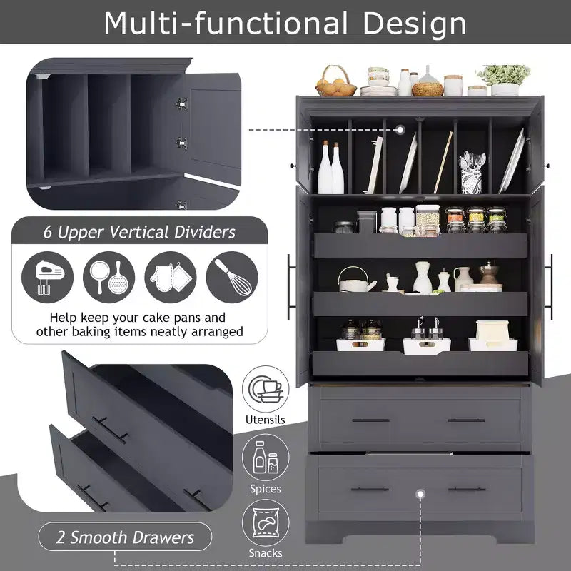 Whisen 72,6'' H Meuble de cuisine autoportant, Buffets, Grand placard de rangement avec 4 portes