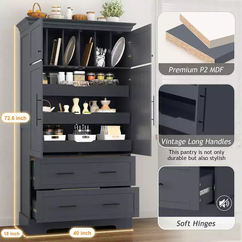 Whisen 72,6'' H Meuble de cuisine autoportant, Buffets, Grand placard de rangement avec 4 portes