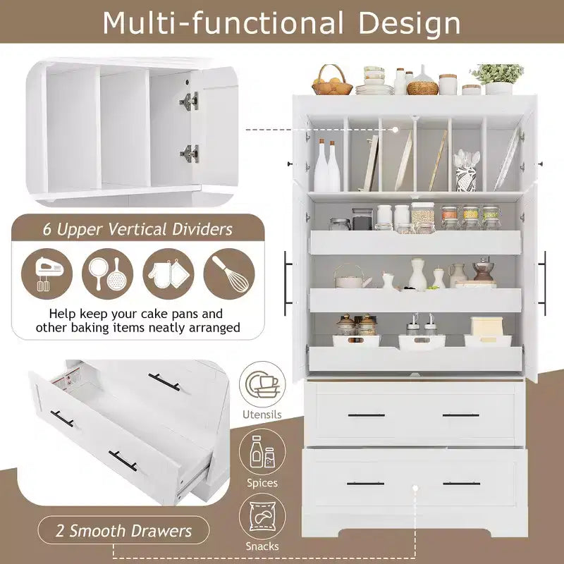 Whisen 72,6'' H Meuble de cuisine autoportant, Buffets, Grand placard de rangement avec 4 portes