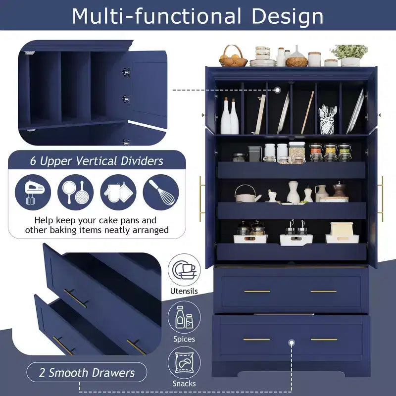 Whisen 72,6'' H Meuble de cuisine autoportant, Buffets, Grand placard de rangement avec 4 portes