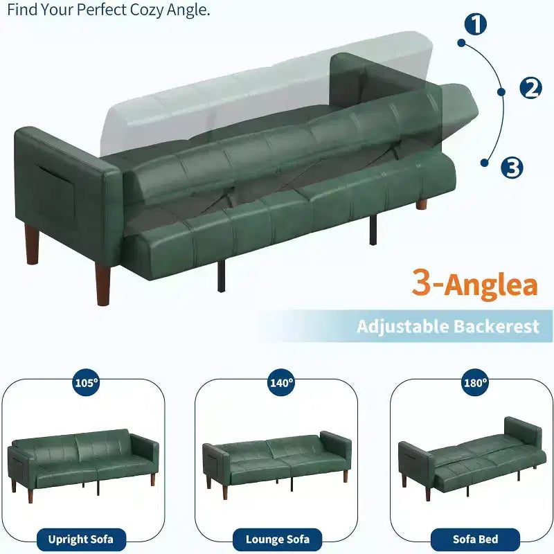 Canapé-lit futon moderne en similicuir de 75 pouces, causeuse du milieu du siècle pour petit espace, salon et chambre à coucher