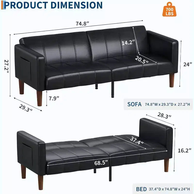 Canapé-lit futon moderne en similicuir de 75 pouces, causeuse du milieu du siècle pour petit espace, salon et chambre à coucher