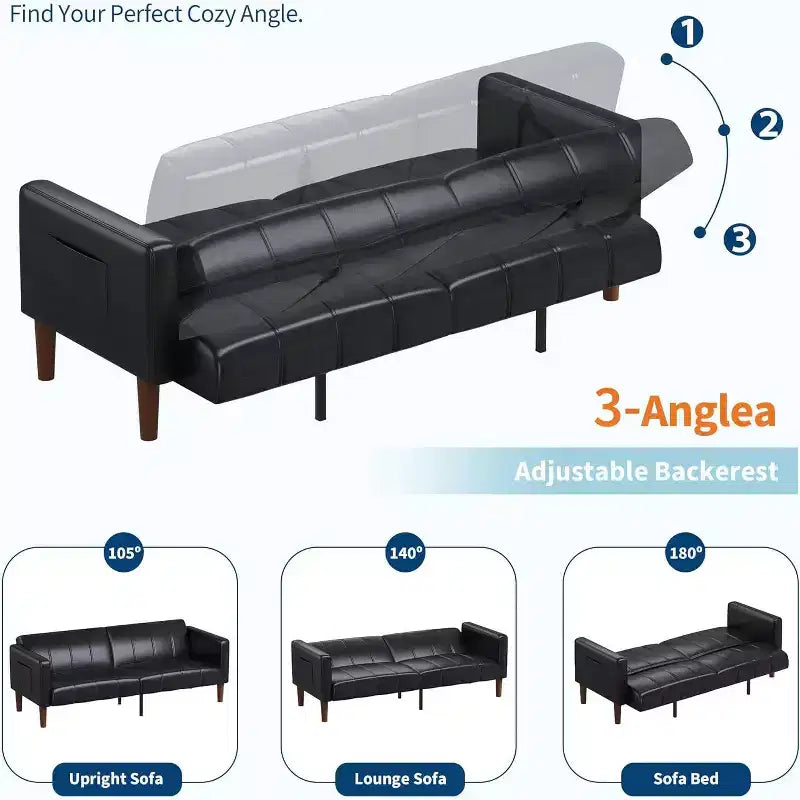 Canapé-lit futon moderne en similicuir de 75 pouces, causeuse du milieu du siècle pour petit espace, salon et chambre à coucher