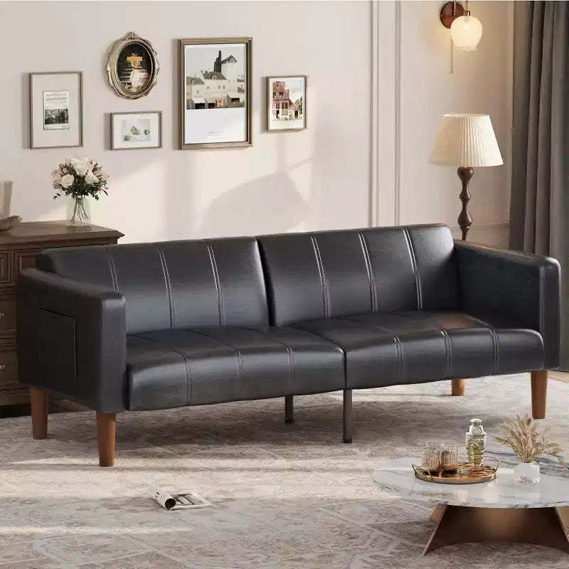 Canapé-lit futon moderne en similicuir de 75 pouces, causeuse du milieu du siècle pour petit espace, salon et chambre à coucher