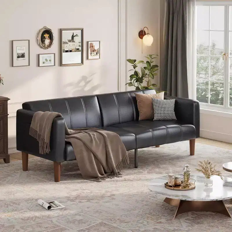 75-Inch Modern Faux Leather Futon Sofa Bed, Mid-Century Loveseat for Small Space, Living Room & Bedroom