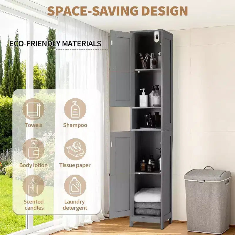 Armoire de rangement de salle de bain haute et étroite avec portes doubles - Meuble de rangement autoportant pour petits espaces