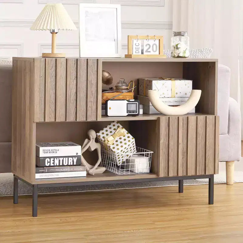 Meuble de rangement COZONY 40 à façade cannelée, console d'entrée avec motif à rayures ondulées, meuble TV.