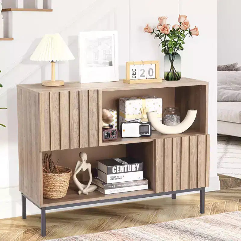 Meuble de rangement COZONY 40 à façade cannelée, console d'entrée avec motif à rayures ondulées, meuble TV.