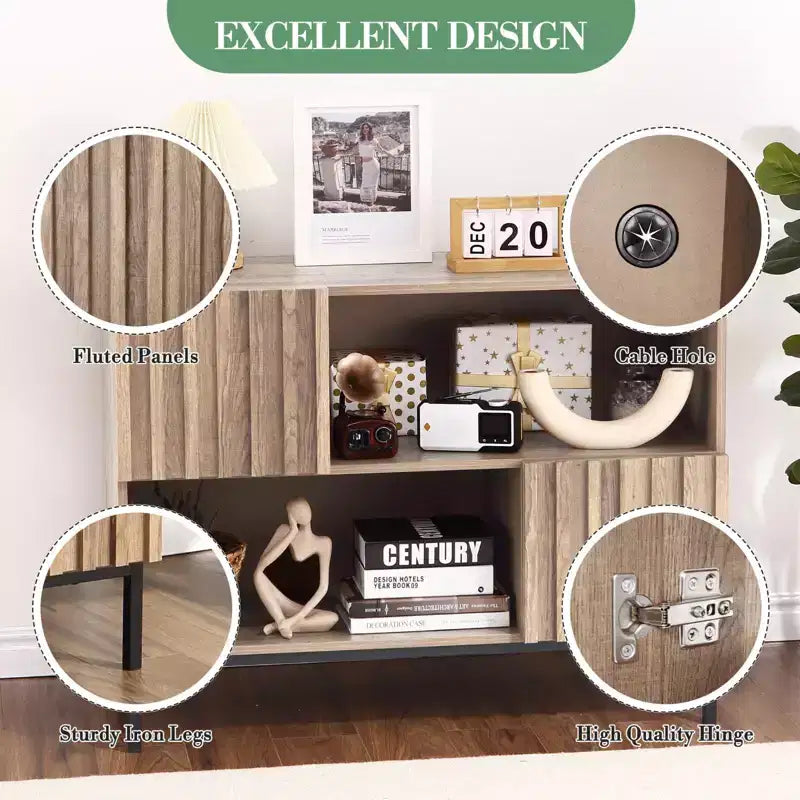 Meuble de rangement COZONY 40 à façade cannelée, console d'entrée avec motif à rayures ondulées, meuble TV.