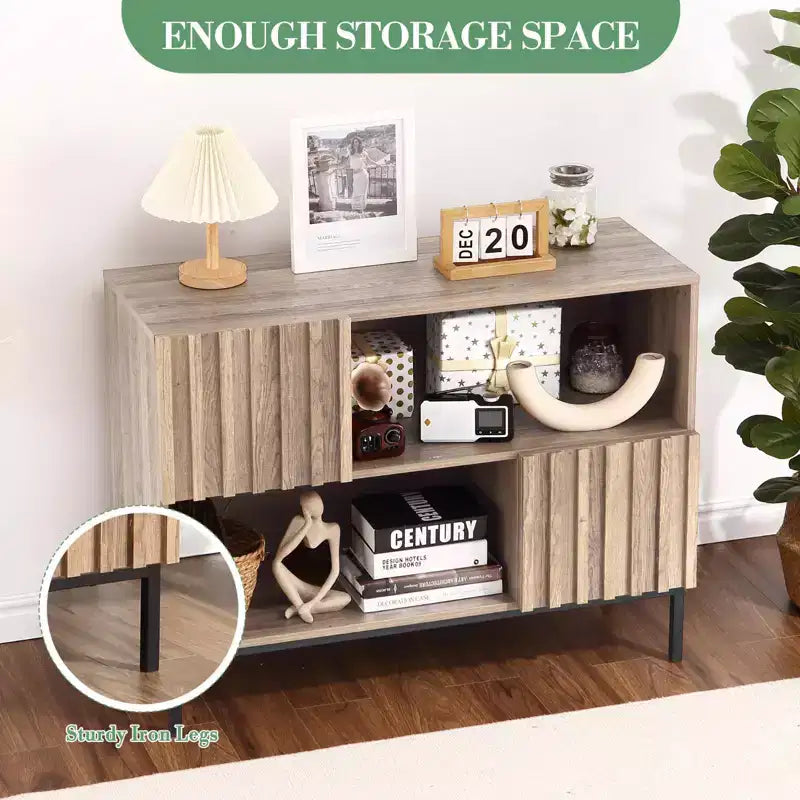 Meuble de rangement COZONY 40 à façade cannelée, console d'entrée avec motif à rayures ondulées, meuble TV.