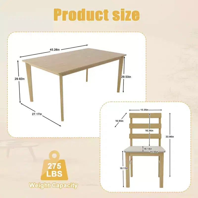 MAYEERTY Ensemble de salle à manger 5 pièces, table et chaises en bois massif, table rectangulaire couleur bois naturel + 4 chaises à dossier pour salle à manger