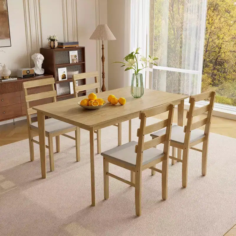 MAYEERTY Ensemble de salle à manger 5 pièces, table et chaises en bois massif, table rectangulaire couleur bois naturel + 4 chaises à dossier pour salle à manger