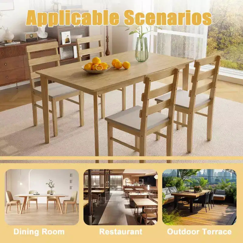 MAYEERTY Ensemble de salle à manger 5 pièces, table et chaises en bois massif, table rectangulaire couleur bois naturel + 4 chaises à dossier pour salle à manger