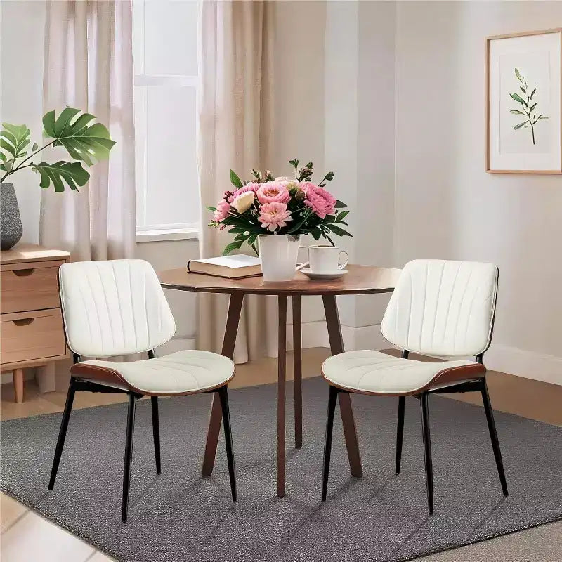 Chaises de salle à manger modernes du milieu du siècle, lot de 2, avec revêtement en cuir PU, dossier en bois courbé de noyer et pieds réglables